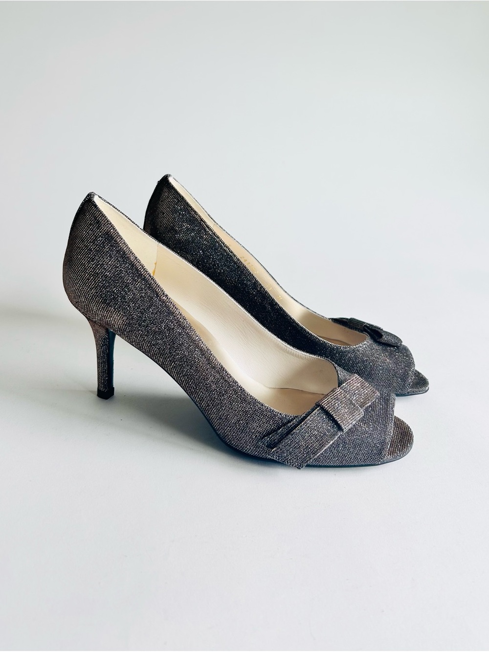 New Stuart Weitzman Silver Black Textile Bow Open Toe Classic Heels size 11